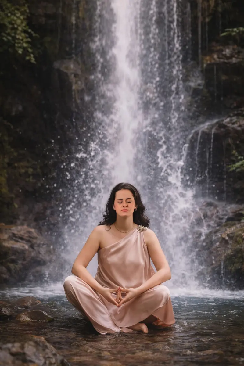 Esmina Golic meditiert vor einem Wasserfall