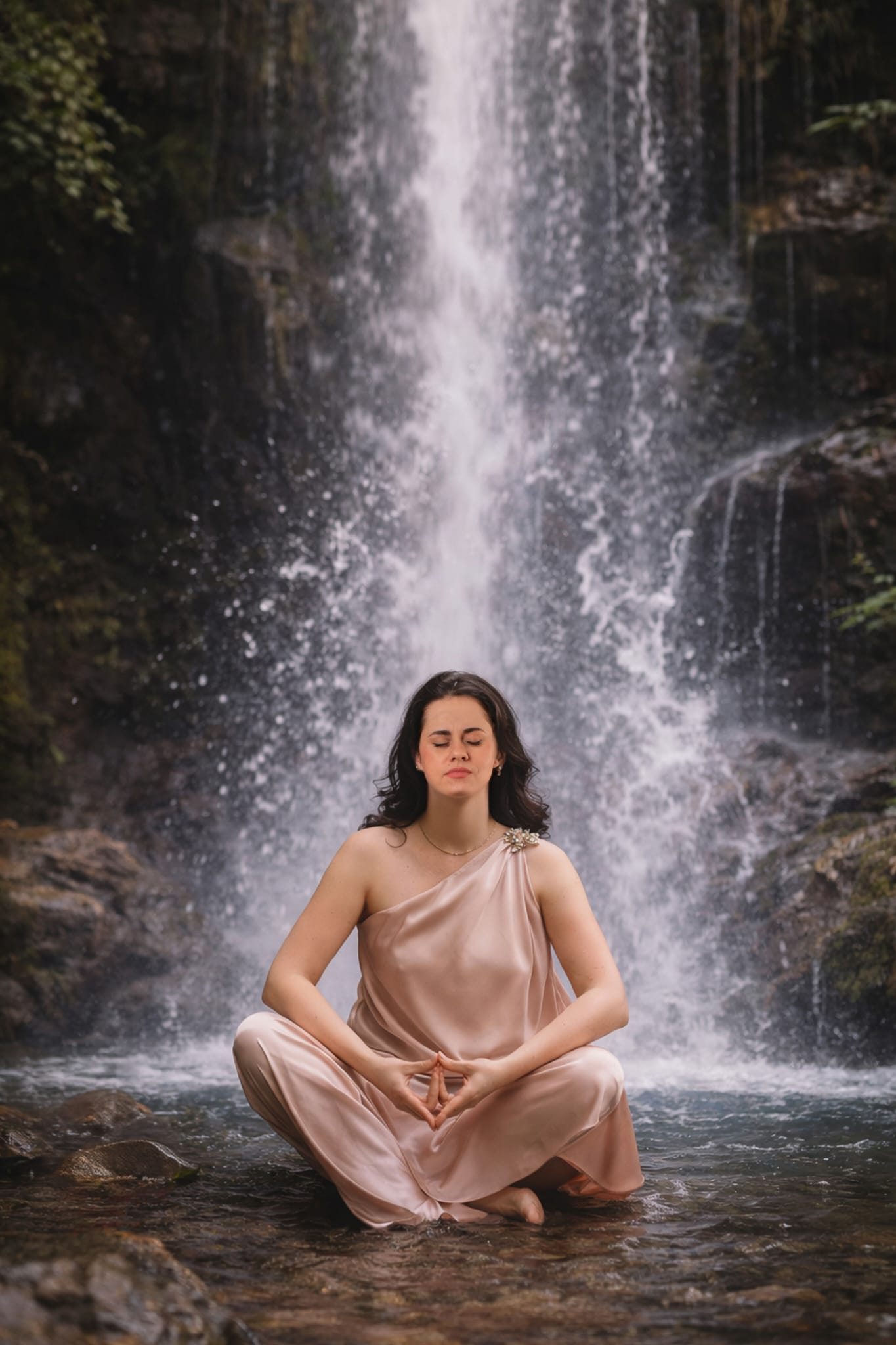 Esmina Golic meditiert vor einem Wasserfall